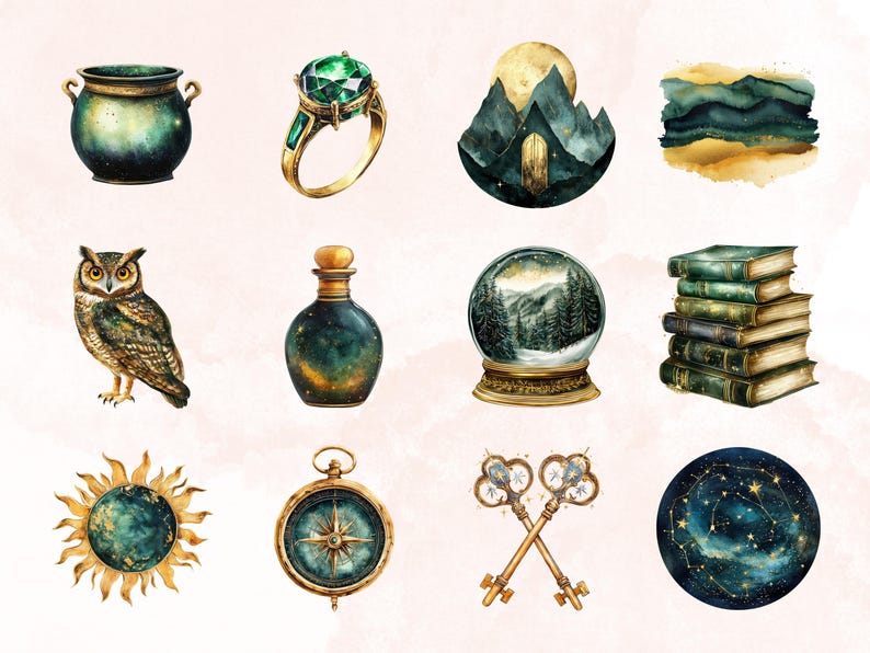 May include: A collection of 10 watercolor illustrations featuring a variety of magical and mystical objects, including a cauldron, a ring, a mountain scene, a bottle, a snow globe, a stack of books, a sun, a compass, a pair of keys, and a constellation.
