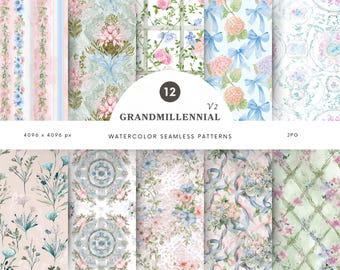 Watercolor Grandmillennial Seamless Patterns, Pastel Blue Pink Digital Paper, Vintage Floral Jpg, Plaid, Repeating Pattern, Scrapbook Paper