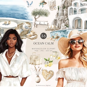 Clipart aquarelle océan calme, esthétique estivale neutre, plage d'été Png, graphiques de mode côtière, vacances côtières, téléchargement numérique