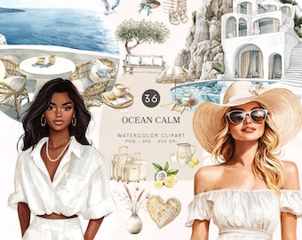 Watercolor Ocean Calm Clipart, Neutral Summer Aesthetics, Summer Beach Png, Coastal Fashion Graphics, Coastal Vacation, Digital Download