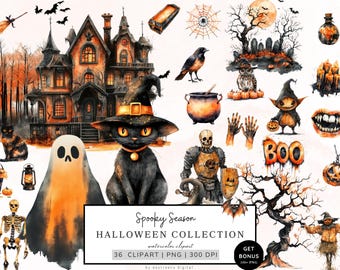Watercolor Halloween Clipart, Spooky Season Png Bundle, Cute Fall Halloween PNG, Black Cat, Ghost, Witch Png, Pumpkin, Halloween Graphics