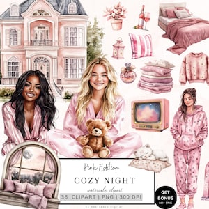 Clipart de noche acogedora, Clipart de niña en pijama acogedora, Noche de ensueño de ternura rosa Png, Paquete de imágenes prediseñadas de Cottagecore romántico, Imágenes prediseñadas de vida acogedora Pngs