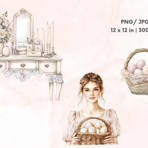 May include: A watercolour illustration of a white dressing table with a mirror and drawers, a bouquet of white roses in a vase, and a basket of pastel coloured Easter eggs. A woman with long brown hair is holding a basket of eggs. PNG/JPG 12 x 12 in | 300 DPI