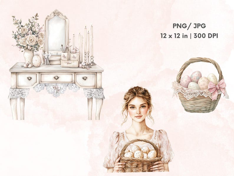 May include: A watercolour illustration of a white dressing table with a mirror and drawers, a bouquet of white roses in a vase, and a basket of pastel coloured Easter eggs. A woman with long brown hair is holding a basket of eggs. PNG/JPG 12 x 12 in | 300 DPI