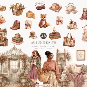 Op de afbeelding: Een collectie van 48 aquarel clipart illustraties getiteld Autumn Knits, met seizoensgebonden items zoals een vos, pompoenen, gebreide dekens, een kas, theesets, boeken en twee figuren in gezellige truien, allemaal gepresenteerd op een witte achtergrond.