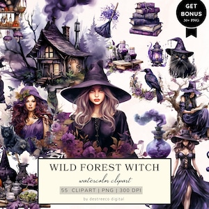 Aquarel Wild Forest Witch Clipart, Magic Witch PNG Clipart Bundel, Fantasy Witch Elements, Potions, Mushroom, Scrapbook, Digitale Stickers