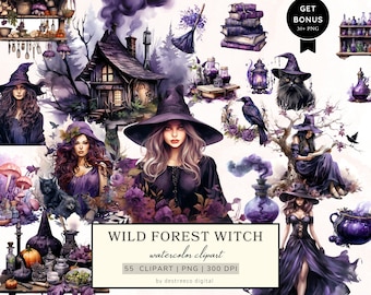 Clipart de bruja del bosque salvaje de acuarela, paquete de imágenes prediseñadas PNG de bruja mágica, elementos de bruja de fantasía, pociones, setas, álbum de recortes, pegatinas digitales