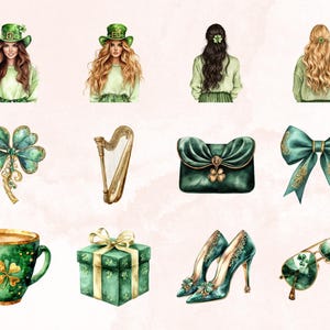 May include: A set of watercolour illustrations featuring St. Patrick's Day themed items. The illustrations include a harp, a green purse with a shamrock, a green bow, a green coffee mug with a shamrock, a green gift box with a gold ribbon, a pair of green high heels with gold embellishments, and a pair of green sunglasses with shamrocks.