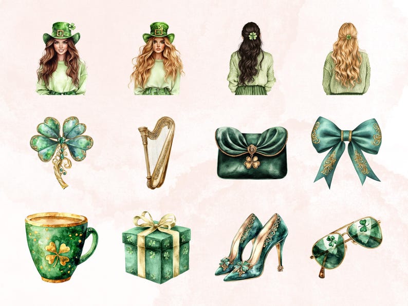May include: A set of watercolour illustrations featuring St. Patrick's Day themed items. The illustrations include a harp, a green purse with a shamrock, a green bow, a green coffee mug with a shamrock, a green gift box with a gold ribbon, a pair of green high heels with gold embellishments, and a pair of green sunglasses with shamrocks.