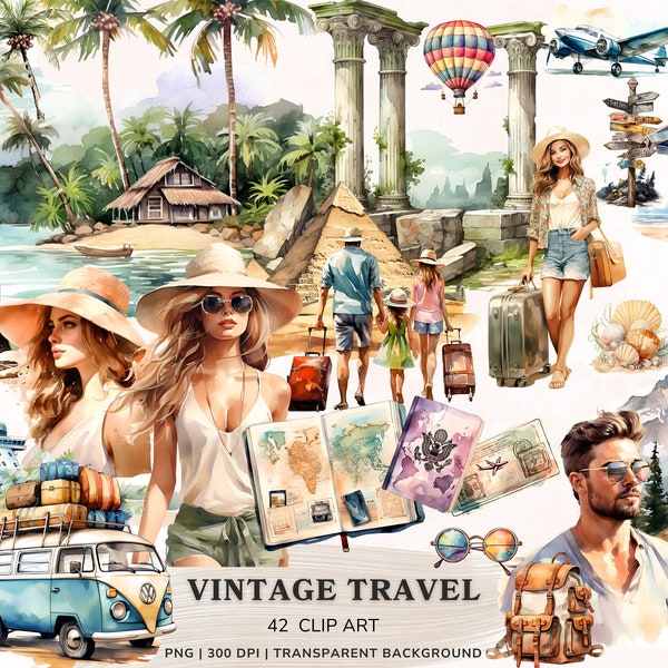 Aquarel Vintage reizen clipart, zomervakantie vakantie graphics, vliegtuig, koffer, ticket, rugzak, zomer clipart, strand tijd PNG