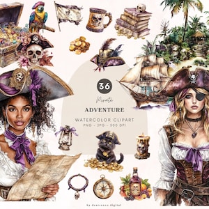 Clipart avventura pirata acquerello, bundle di pirati vintage png, clipart estetica accogliente, clipart nautica, download di love planner png