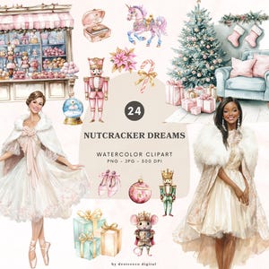 Peut inclure: Ensemble de cliparts aquarelle intitulé "Nutcracker Dreams" avec des illustrations d'un sapin de Noël, de cadeaux, d'une ballerine, d'un casse-noisette, d'un roi des souris, d'une licorne et d'autres éléments festifs. La palette de couleurs comprend le rose, l'or et le bleu.