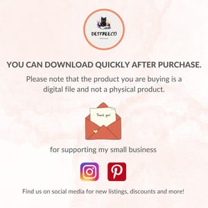 May include: A digital product announcement with the text "YOU CAN DOWNLOAD QUICKLY AFTER PURCHASE." The image includes a logo, an envelope with a "Thank you!" note, and social media icons for Instagram and Pinterest. The text also states the product is a digital file.