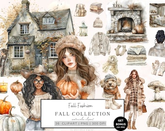 Aquarela Autumn Clipart, Fall Fashion Png Bundle, Cosy Autumn, Fall Clipart, Cottagecore Png, Abóbora, Uso Comercial, Download Digital