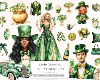 St Patrick's Day Clipart, Golden Shamrock Png, Irish Green Patrick Clipart, Lucky Clover Png, Cottagecore Aesthetics, St Patrick’s Graphics