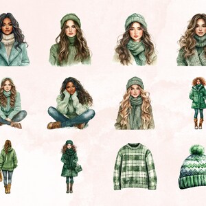 May include: A digital illustration of ten different women wearing various green winter clothing, including sweaters, hats, scarves, and coats. The women are all depicted in a watercolor style.
