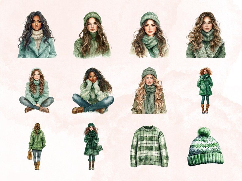 May include: A digital illustration of ten different women wearing various green winter clothing, including sweaters, hats, scarves, and coats. The women are all depicted in a watercolor style.