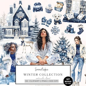 Pacchetto Clipart invernale, Clipart invernale accogliente, Fiocchi di neve PNG, Grafica natalizia blu, Grafica invernale innevata, Cottagecore, Download digitale
