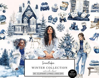 Winter Clipart Bundle, Cozy Winter Clipart, Snowflakes Png, Bluey Christmas Graphics, Snowy Winter Graphics, Cottagecore, Digital Download
