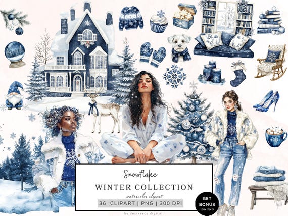 Winter Clipart Bundle, Cozy Winter Clipart, Snowflakes Png, Bluey Christmas Graphics, Snowy Winter Graphics, Cottagecore, Digital Download