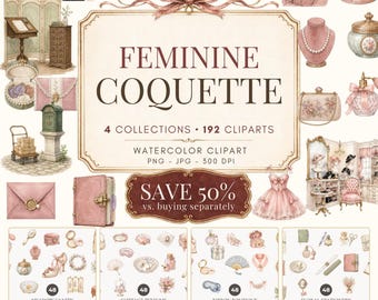 Pacchetto di clipart civettuole, PNG ad acquerello femminile, estetica da ragazza, download digitale