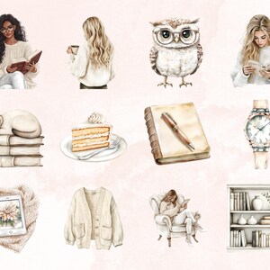May include: A watercolor illustration set featuring a variety of cozy and relaxing themes. The set includes images of a woman reading a book, a cat sleeping on a stack of books, a slice of cake, a notebook with a pen, a watch, a cardigan, a woman reading in a chair, and a bookshelf filled with books.