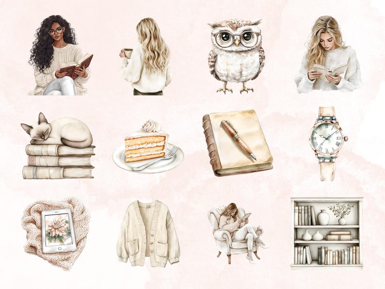 May include: A watercolor illustration set featuring a variety of cozy and relaxing themes. The set includes images of a woman reading a book, a cat sleeping on a stack of books, a slice of cake, a notebook with a pen, a watch, a cardigan, a woman reading in a chair, and a bookshelf filled with books.