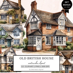 Pacchetto Clipart acquerello vecchia casa britannica, Clipart cottage inglese, Png cottage accogliente, Media misti, Scrapbook, Download digitale di adesivi