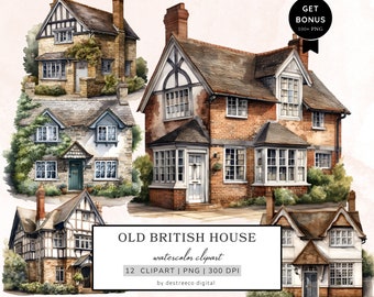 Paquete de imágenes prediseñadas de la antigua casa británica de acuarela, imágenes prediseñadas de la cabaña inglesa, acogedora cabaña png, medios mixtos, álbum de recortes, pegatinas descarga digital