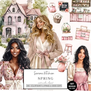 Lente clipartbundel, serene keuken clipart, Cottagecore clipart, lente graphics, wilde bloemen clipart, gezellige esthetische png digitaal