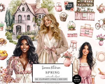 May include: A digital illustration set of 36 watercolor clipart images featuring a spring kitchen theme. The set includes images of women, flowers, food, and kitchen items. The text "Serene Kitchen Spring Watercolor Clipart 36 Clipart | PNG | 300 DPI by destreeco digital" is included in the image.