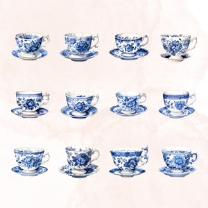 May include: Ten blue and white teacups and saucers with floral designs. The teacups and saucers are arranged in three rows of three and one row of four.