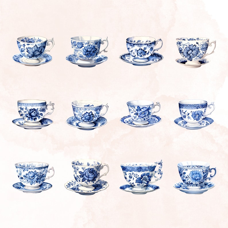 May include: Ten blue and white teacups and saucers with floral designs. The teacups and saucers are arranged in three rows of three and one row of four.