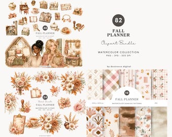 Aquarell Herbst Planer Clipart Bundle, Herbst Blumen PNG, Cottagecore Briefpapier, nahtlose Muster, digitaler Download