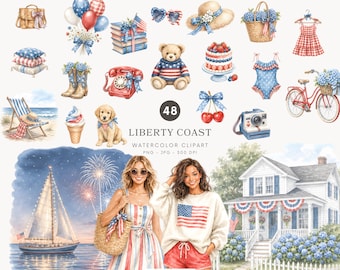 Paquete de imágenes prediseñadas patrióticas en acuarela, gráficos veraniegos de estilo costero americano (descarga digital) - 551