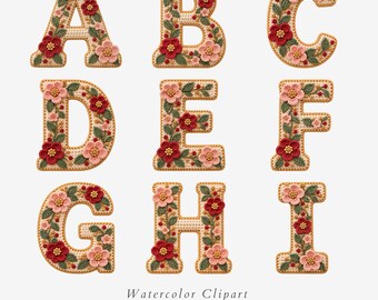 Crochet Alphabet Clipart, Floral Crochet Letters, 26 Letter PNG Set - 668