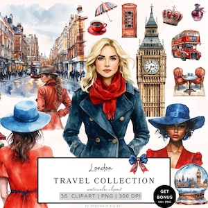 London Clipart, Travel Clipart Bundle, Romantic London Clipart, Big Ben, Buckingham Palace Png, British Crown, London Bus, Digital Download