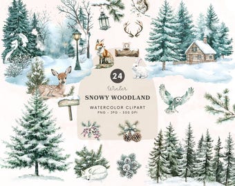Puede incluir: Conjunto de imágenes prediseñadas de acuarela "Snowy Woodland" con escenas invernales con animales como un ciervo, un zorro y un búho, junto con árboles nevados y una cabaña. El conjunto incluye 24 ilustraciones con temática invernal en formato PNG.