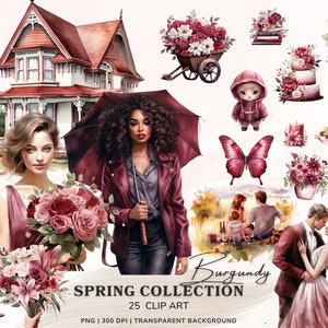 Clipart printemps aquarelle, Bundle de cliparts printemps Bourgogne, printemps douillet Png, graphiques de voyage, fille aquarelle, autocollants numériques saisonniers