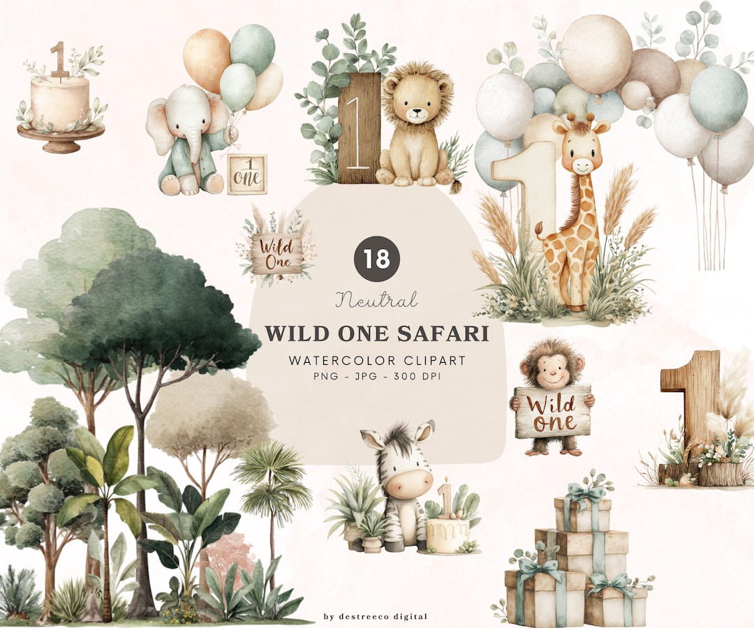 Wild One Neutral Safari Animals Clipart, Safari Jungle 1st Birthday Png ...
