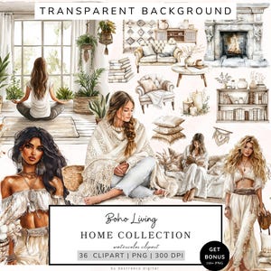 Puede incluir: Un conjunto digital de 36 im&aacute;genes de clipart de acuarela con un tema de sala de estar boho. El conjunto incluye im&aacute;genes de mujeres, muebles, plantas, libros y otros elementos decorativos. Las im&aacute;genes est&aacute;n en una paleta de colores c&aacute;lidos con tonos de marr&oacute;n, beige y blanco.