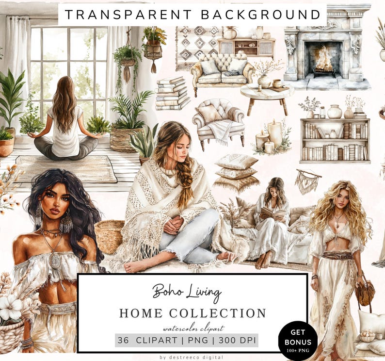 Puede incluir: Un conjunto digital de 36 im&aacute;genes de clipart de acuarela con un tema de sala de estar boho. El conjunto incluye im&aacute;genes de mujeres, muebles, plantas, libros y otros elementos decorativos. Las im&aacute;genes est&aacute;n en una paleta de colores c&aacute;lidos con tonos de marr&oacute;n, beige y blanco.