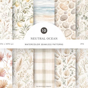 May include: Ten watercolour seamless patterns with a neutral ocean theme. The patterns showcase botanical designs, beach scenes, and textures in soft, muted colours. The image includes the text "NEUTRAL OCEAN" and "WATERCOLOR SEAMLESS PATTERNS".