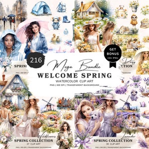 Bundle de cliparts bienvenue printemps, aquarelle printemps jardinage des cliparts, graphiques de printemps, Png floral printanier, fille aquarelle, autocollants numériques