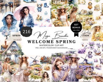 Paquete de imágenes prediseñadas de bienvenida a la primavera, imágenes prediseñadas de jardinería primaveral en acuarela, gráficos de primavera, imágenes prediseñadas florales de primavera, chica en acuarela, pegatinas digitales