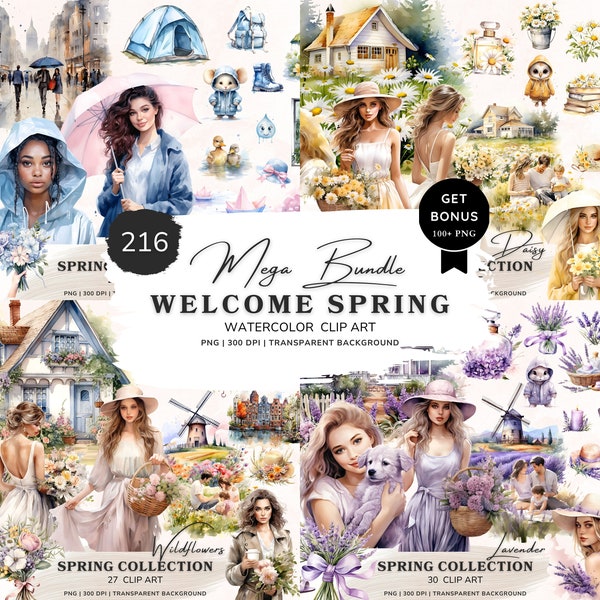 Welcome Spring Clipart Bundle, Watercolor Spring Gardening Clipart, Spring Graphics, Spring Floral Png, Watercolor Girl, Digital Stickers