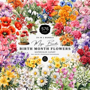 Bundle de cliparts fleur mois de naissance, Kit de fleurs de naissance, fleur de naissance PNG Clipart botanique, fleurs de naissance printemps, Mega Bundle de cliparts floraux
