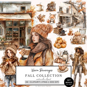 Clipart autunnale dell'acquerello, pacchetto Png caffè autunnale, autunno accogliente, clipart autunnale, Png Cottagecore, zucca, uso commerciale, download digitale