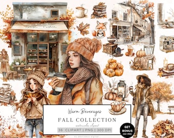 Watercolor Autumn Clipart, Fall Coffee Png Bundle, Cozy Autumn, Fall Clipart, Cottagecore Png, Pumpkin, Commercial Use, Digital Download