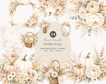 Imágenes prediseñadas florales otoñales en acuarela, ramo de calabazas en tonos neutros PNG, flores otoñales color marfil, gráficos botánicos estilo cottagecore - 566